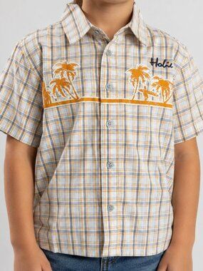 Hobie Boys Plaid Button-Up Shirt Size 5 100% Cotton Short Sleeve Hawaiian Beach
